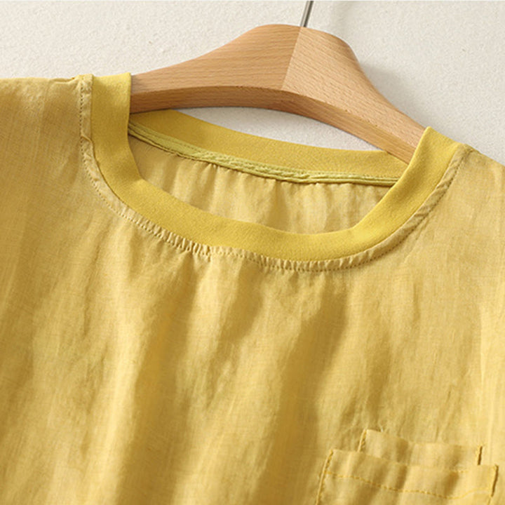 Camiseta de lino y algodón para mujer, de manga corta, con bordado informal de Buddha Stones y corazón rojo - image 11