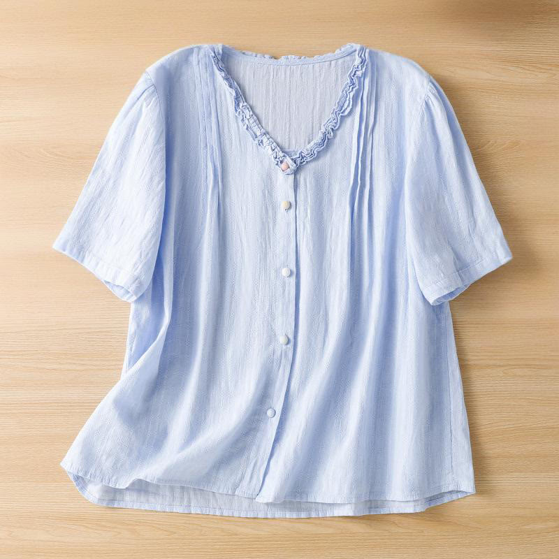 Camisa de mujer de manga corta con cuello en V, plisada, con ribete de volantes y jacquard con Buddha Stones - Azul aciano - US14，UK/AU18，EU46 (2XL) - image 5