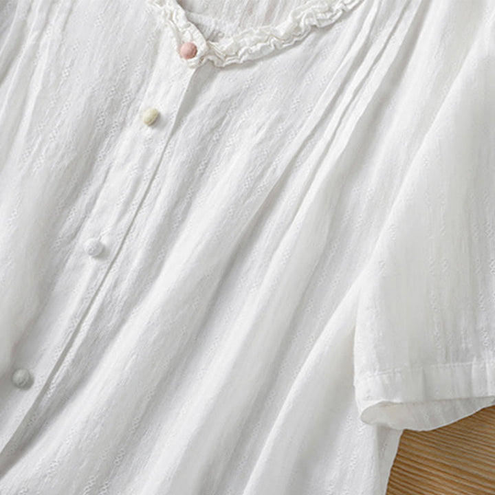 Camisa de mujer de manga corta con cuello en V, plisada, con ribete de volantes y jacquard con Buddha Stones - image 17