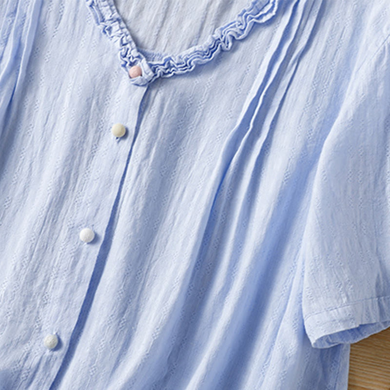 Camisa de mujer de manga corta con cuello en V, plisada, con ribete de volantes y jacquard con Buddha Stones - image 8