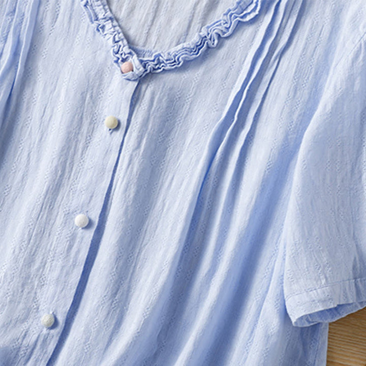 Camisa de mujer de manga corta con cuello en V, plisada, con ribete de volantes y jacquard con Buddha Stones - image 8