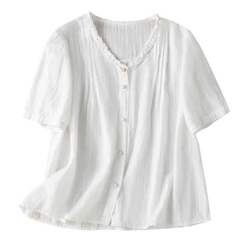 Camisa de mujer de manga corta con cuello en V, plisada, con ribete de volantes y jacquard con Buddha Stones - image 18