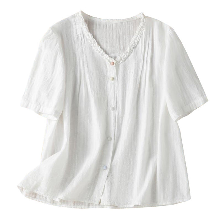 Camisa de mujer de manga corta con cuello en V, plisada, con ribete de volantes y jacquard con Buddha Stones - image 18