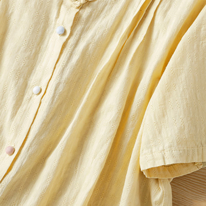 Camisa de mujer de manga corta con cuello en V, plisada, con ribete de volantes y jacquard con Buddha Stones - image 12