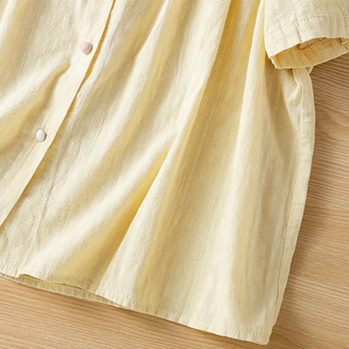 Camisa de mujer de manga corta con cuello en V, plisada, con ribete de volantes y jacquard con Buddha Stones - image 13