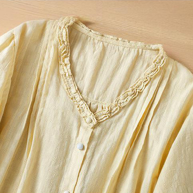 Camisa de mujer de manga corta con cuello en V, plisada, con ribete de volantes y jacquard con Buddha Stones - image 11