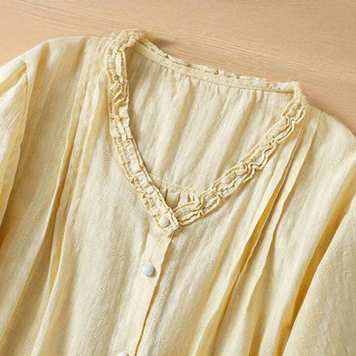 Camisa de mujer de manga corta con cuello en V, plisada, con ribete de volantes y jacquard con Buddha Stones - image 11