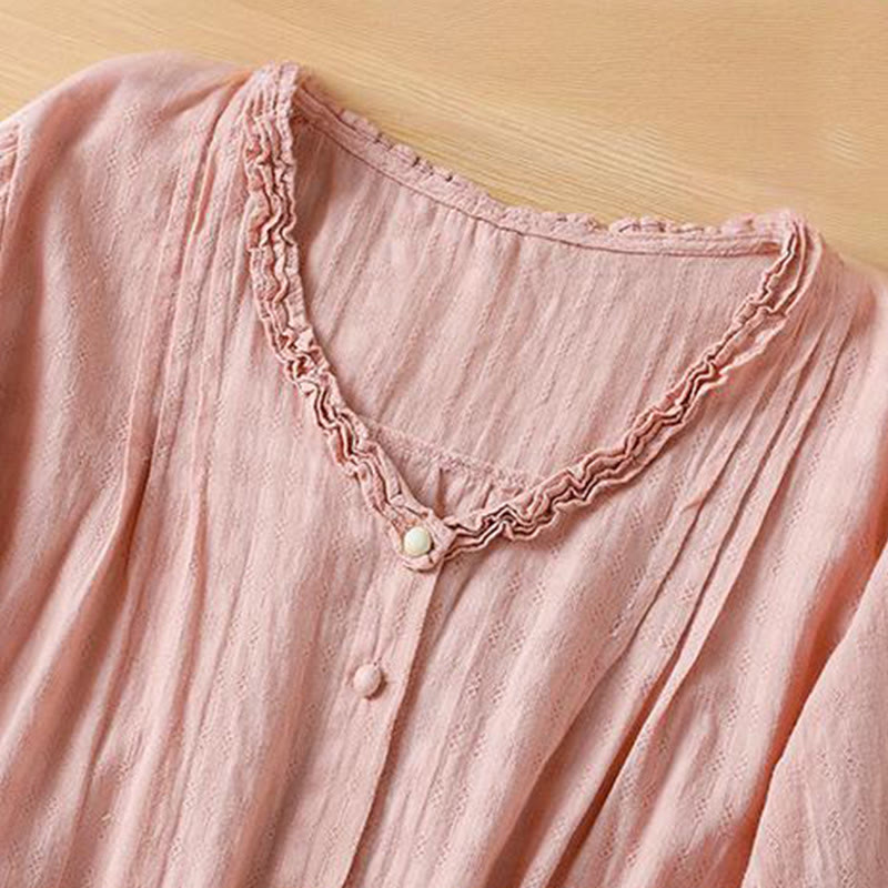 Camisa de mujer de manga corta con cuello en V, plisada, con ribete de volantes y jacquard con Buddha Stones - image 21