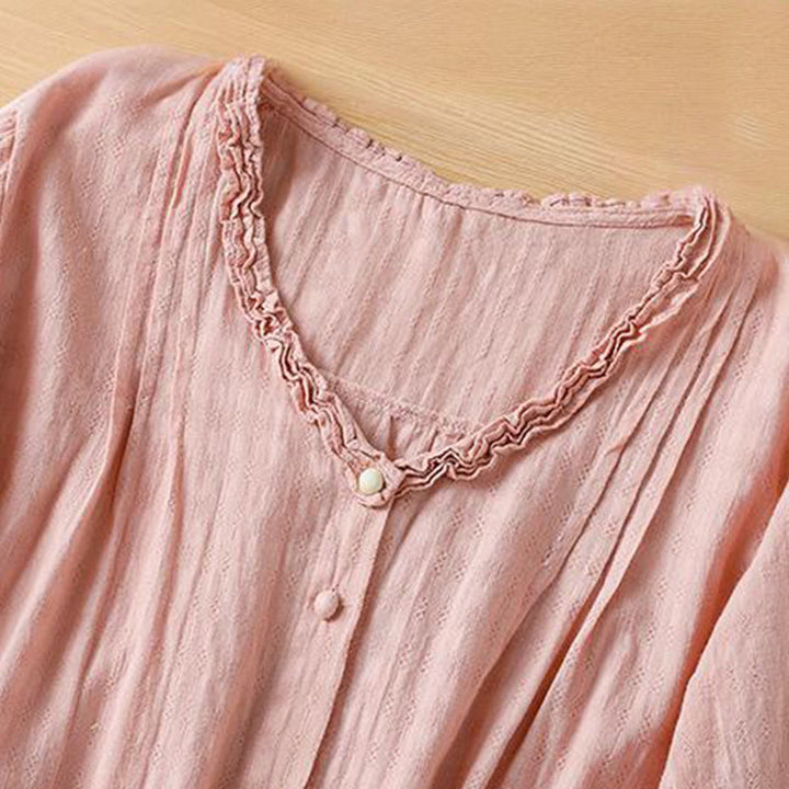 Camisa de mujer de manga corta con cuello en V, plisada, con ribete de volantes y jacquard con Buddha Stones - image 21