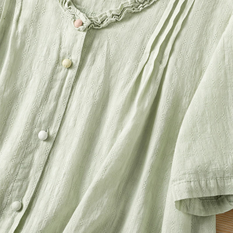 Camisa de mujer de manga corta con cuello en V, plisada, con ribete de volantes y jacquard con Buddha Stones - image 4