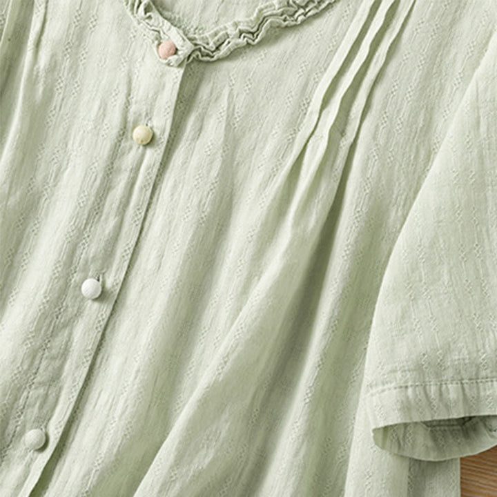 Camisa de mujer de manga corta con cuello en V, plisada, con ribete de volantes y jacquard con Buddha Stones - image 4