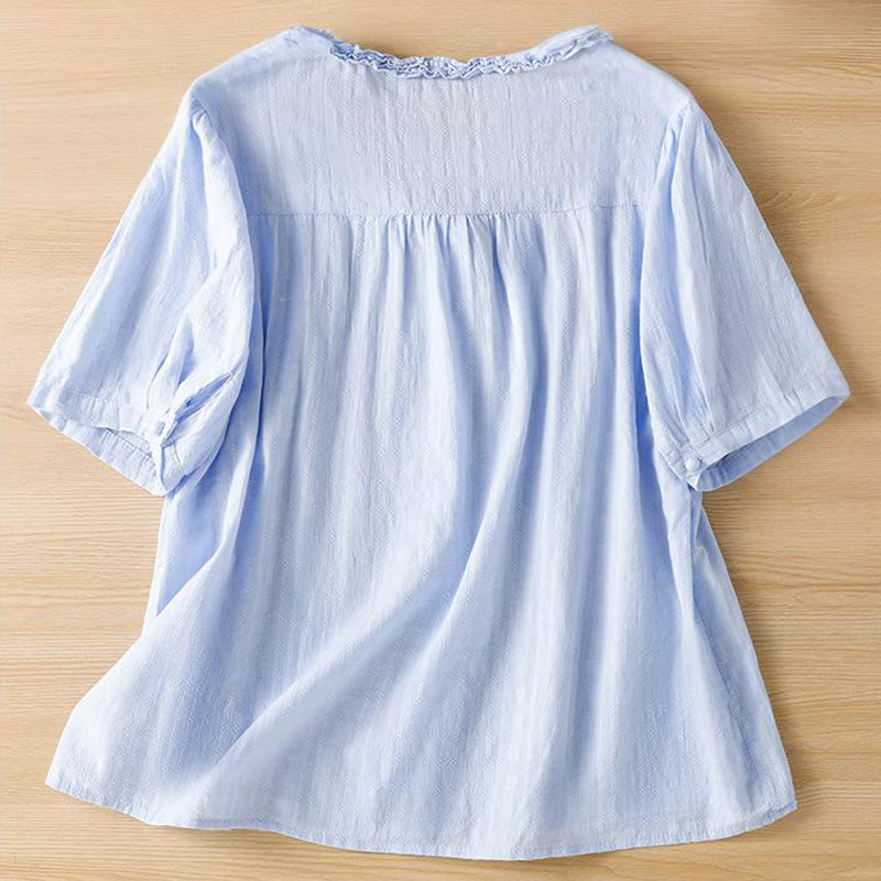 Camisa de mujer de manga corta con cuello en V, plisada, con ribete de volantes y jacquard con Buddha Stones - image 6