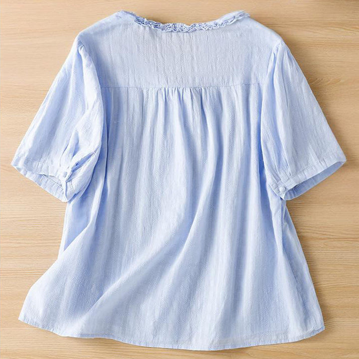 Camisa de mujer de manga corta con cuello en V, plisada, con ribete de volantes y jacquard con Buddha Stones - image 6