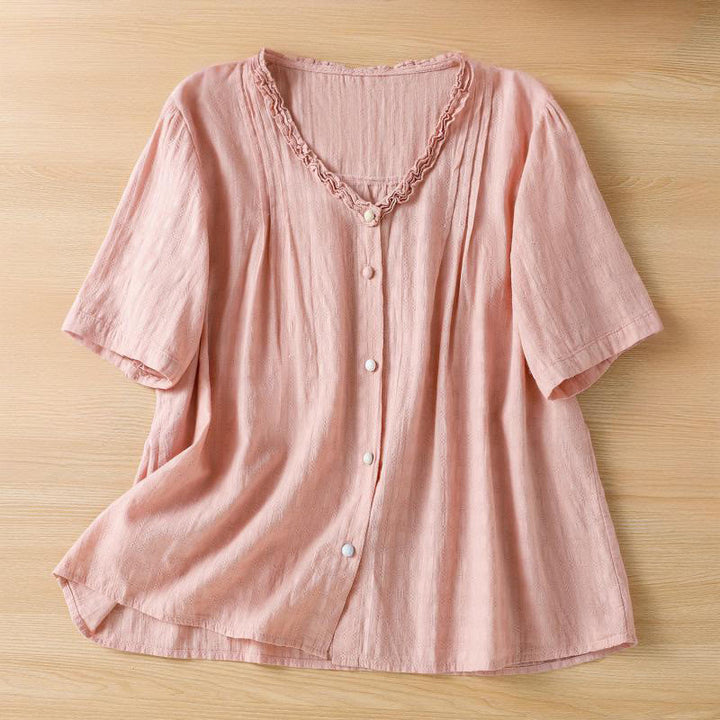 Camisa de mujer de manga corta con cuello en V, plisada, con ribete de volantes y jacquard con Buddha Stones - Salmón oscuro - US14，UK/AU18，EU46 (2XL) - image 19