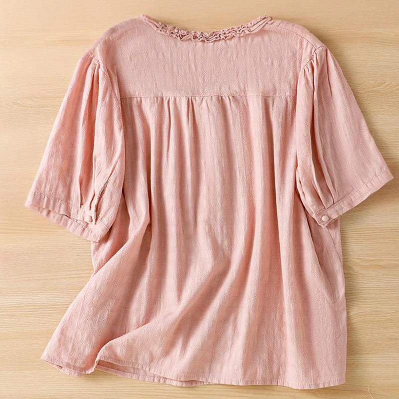 Camisa de mujer de manga corta con cuello en V, plisada, con ribete de volantes y jacquard con Buddha Stones - image 20