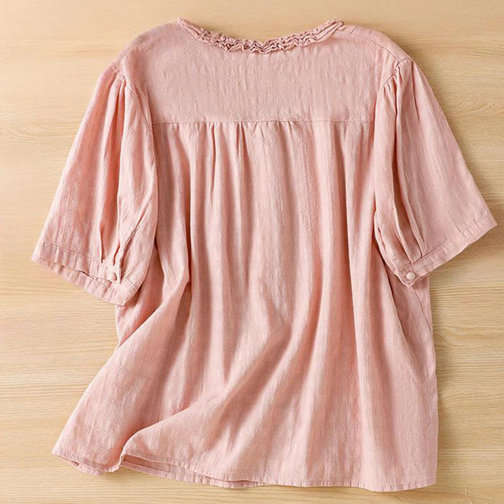 Camisa de mujer de manga corta con cuello en V, plisada, con ribete de volantes y jacquard con Buddha Stones - image 20