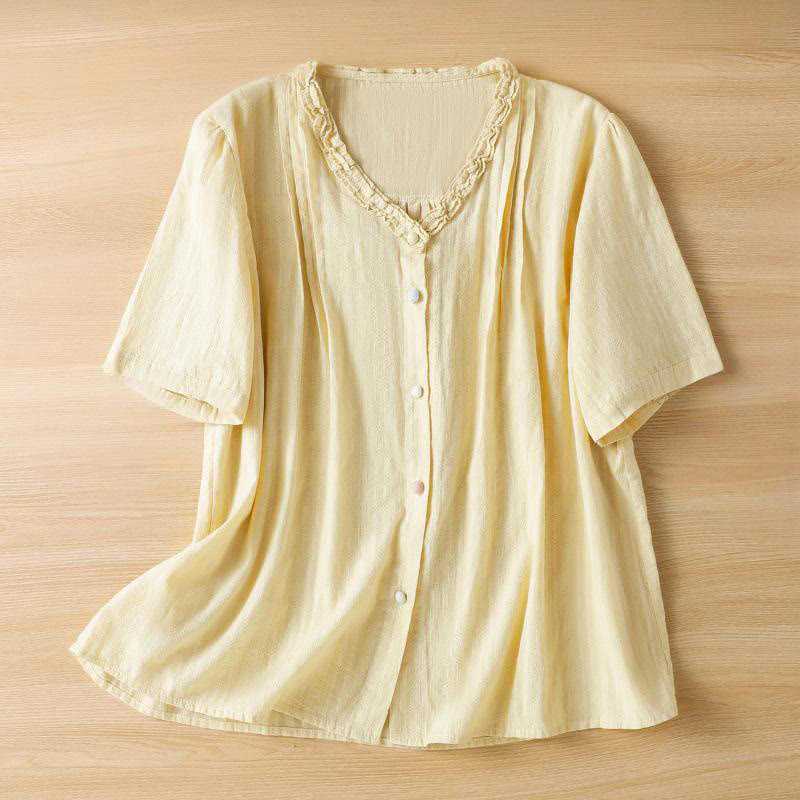 Camisa de mujer de manga corta con cuello en V, plisada, con ribete de volantes y jacquard con Buddha Stones - Amarillo claro - US14，UK/AU18，EU46 (2XL) - image 9