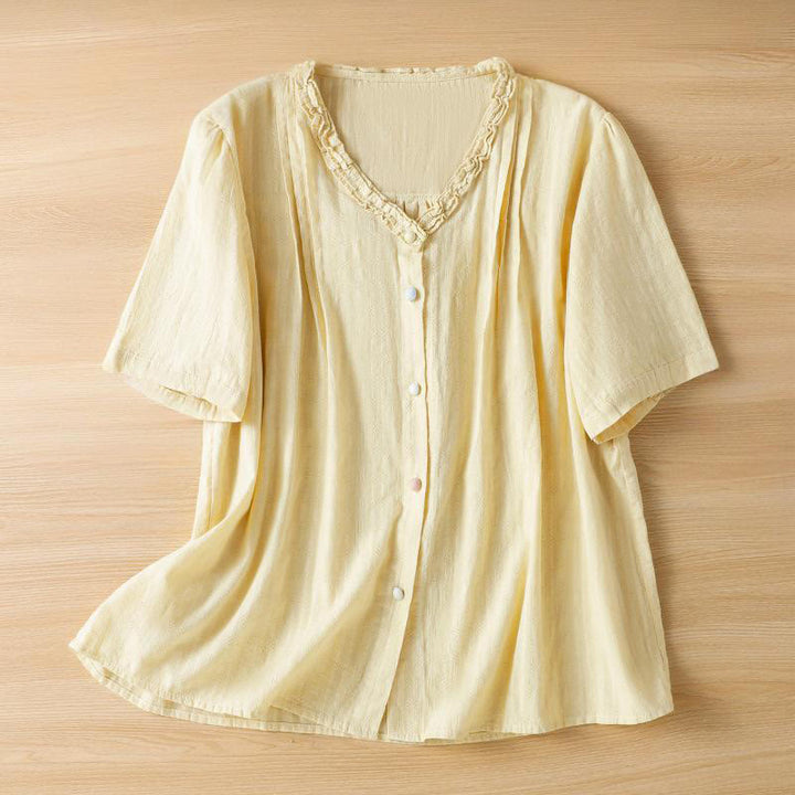 Camisa de mujer de manga corta con cuello en V, plisada, con ribete de volantes y jacquard con Buddha Stones - Amarillo claro - US14，UK/AU18，EU46 (2XL) - image 9