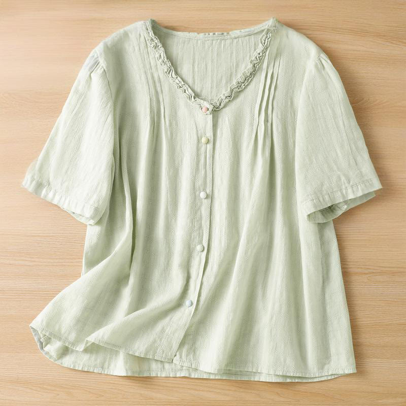 Camisa de mujer de manga corta con cuello en V, plisada, con ribete de volantes y jacquard con Buddha Stones - Verde pálido - US14，UK/AU18，EU46 (2XL) - image 1