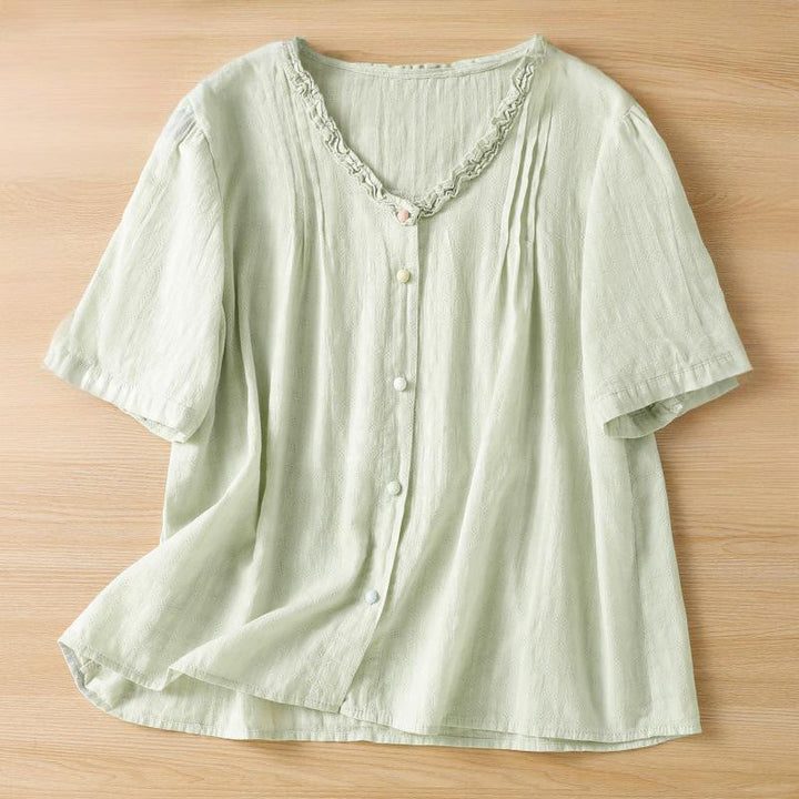Camisa de mujer de manga corta con cuello en V, plisada, con ribete de volantes y jacquard con Buddha Stones - Verde pálido - US14，UK/AU18，EU46 (2XL) - image 1