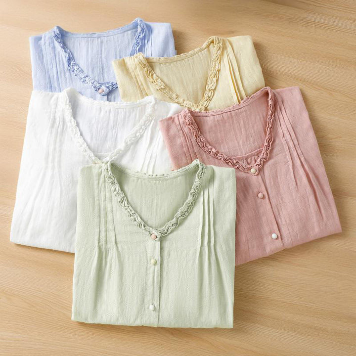 Camisa de mujer de manga corta con cuello en V, plisada, con ribete de volantes y jacquard con Buddha Stones - image 25