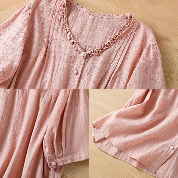 Camisa de mujer de manga corta con cuello en V, plisada, con ribete de volantes y jacquard con Buddha Stones - image 23