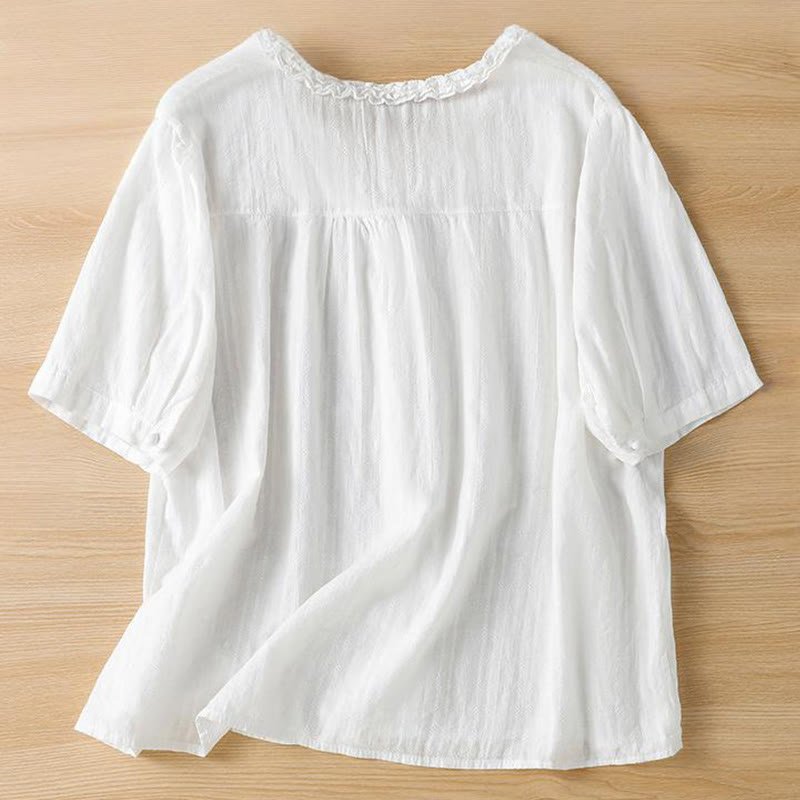 Camisa de mujer de manga corta con cuello en V, plisada, con ribete de volantes y jacquard con Buddha Stones - image 15
