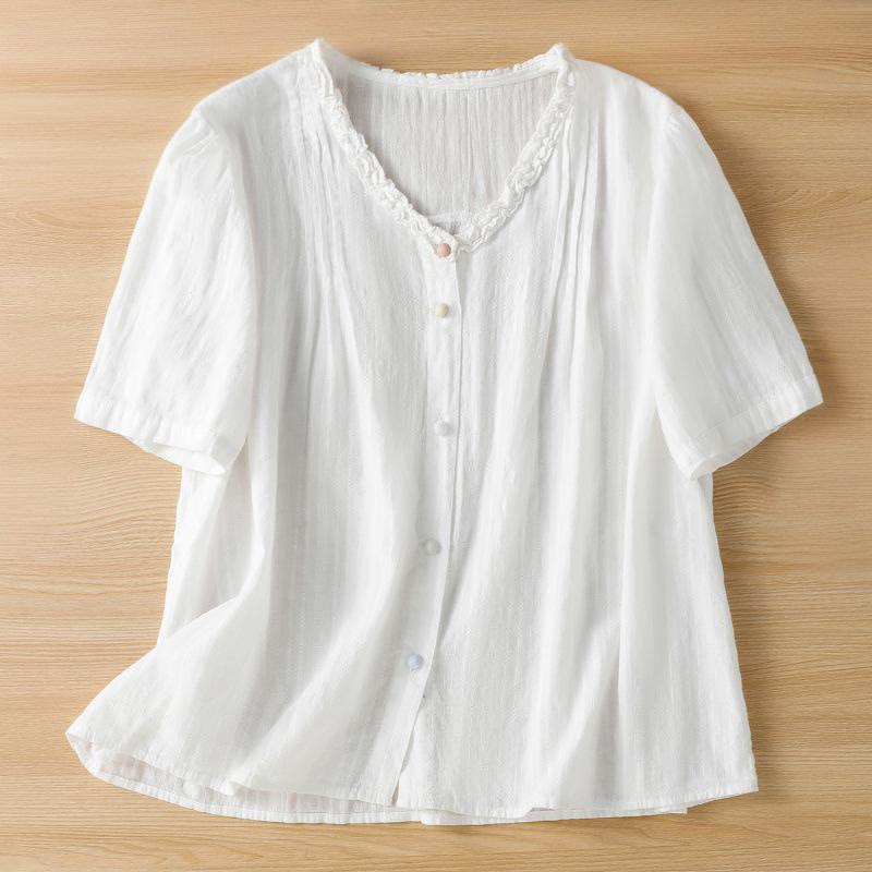 Camisa de mujer de manga corta con cuello en V, plisada, con ribete de volantes y jacquard con Buddha Stones - Blanco - US14，UK/AU18，EU46 (2XL) - image 14