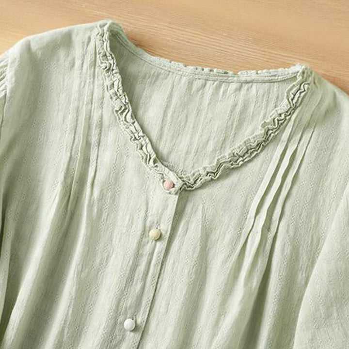 Camisa de mujer de manga corta con cuello en V, plisada, con ribete de volantes y jacquard con Buddha Stones - image 3