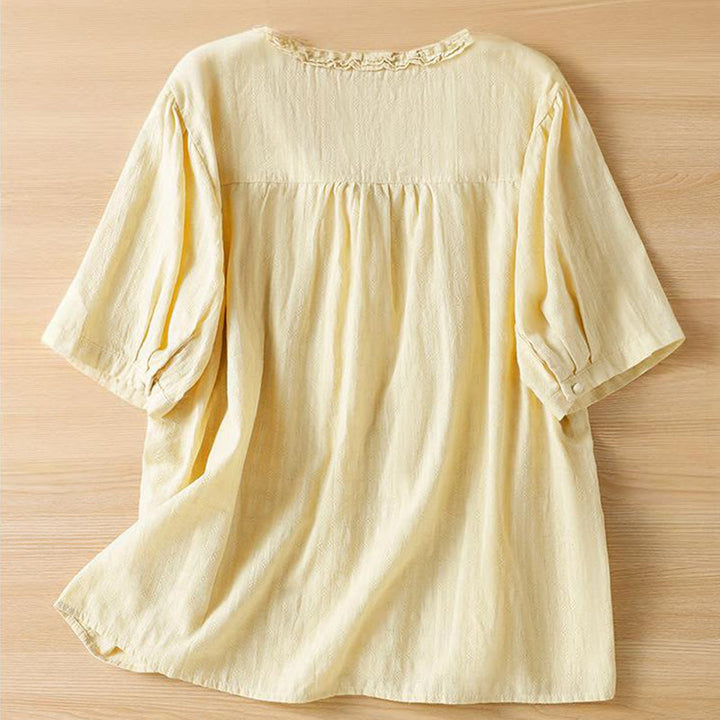 Camisa de mujer de manga corta con cuello en V, plisada, con ribete de volantes y jacquard con Buddha Stones - image 10