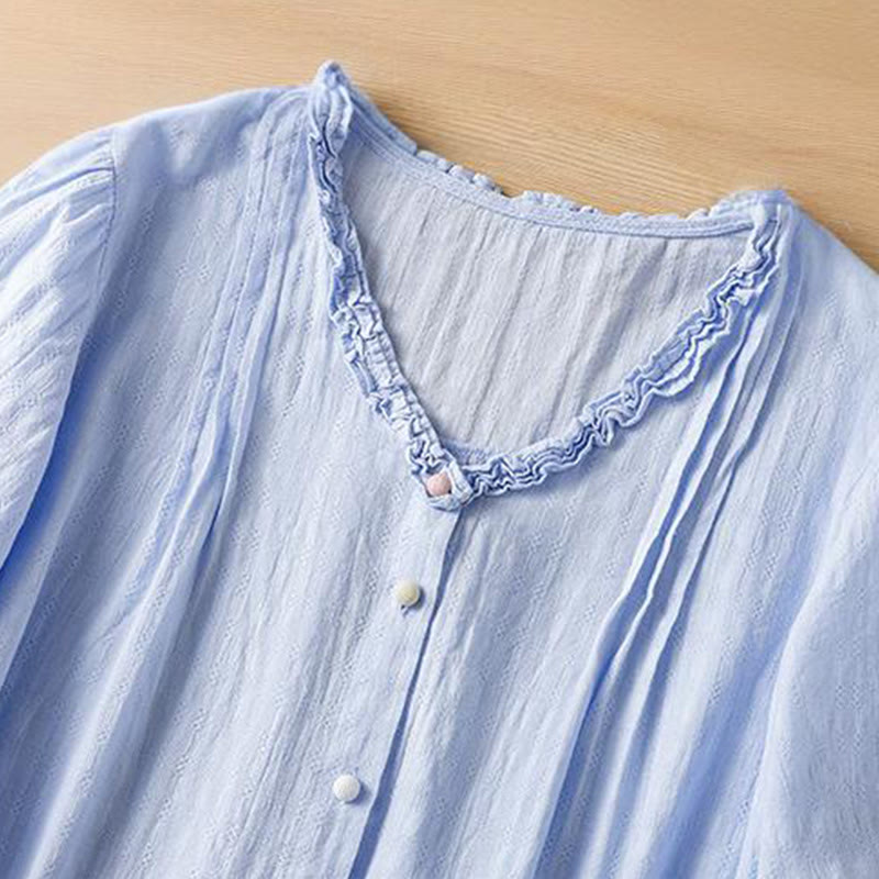 Camisa de mujer de manga corta con cuello en V, plisada, con ribete de volantes y jacquard con Buddha Stones - image 7