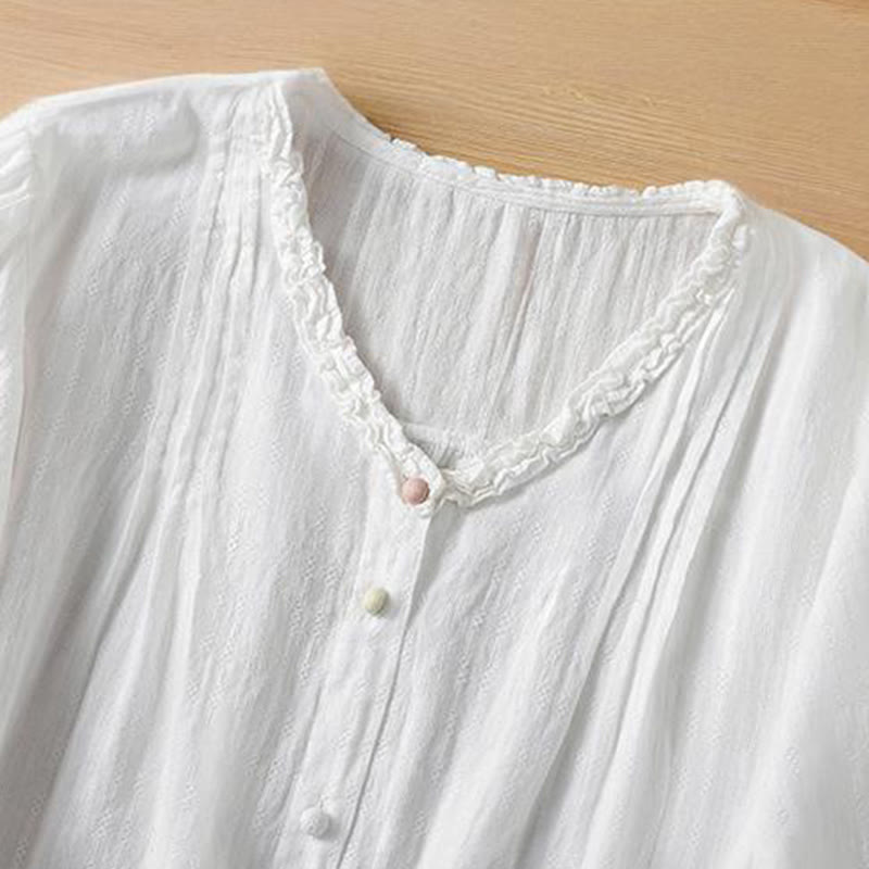 Camisa de mujer de manga corta con cuello en V, plisada, con ribete de volantes y jacquard con Buddha Stones - image 16