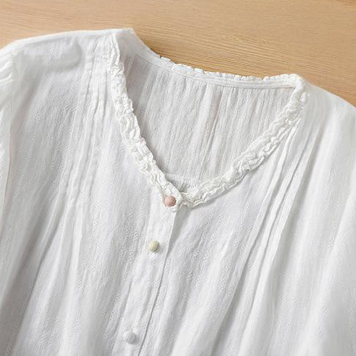 Camisa de mujer de manga corta con cuello en V, plisada, con ribete de volantes y jacquard con Buddha Stones - image 16