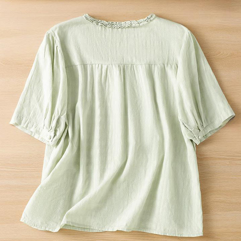 Camisa de mujer de manga corta con cuello en V, plisada, con ribete de volantes y jacquard con Buddha Stones - image 2