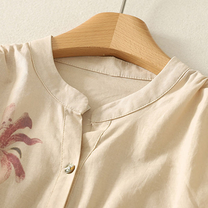 Camisa de Buddha Stones y algodón para mujer con estampado diario de lirios y media manga abullonada - image 13