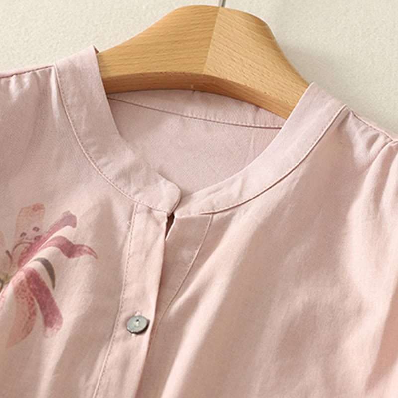 Camisa de Buddha Stones y algodón para mujer con estampado diario de lirios y media manga abullonada - image 3