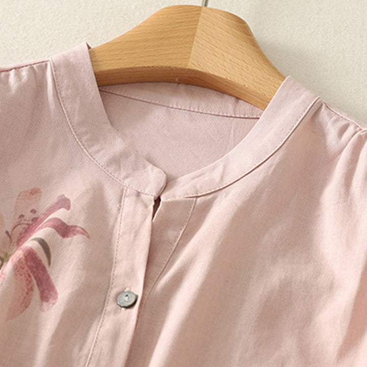 Camisa de Buddha Stones y algodón para mujer con estampado diario de lirios y media manga abullonada - image 3