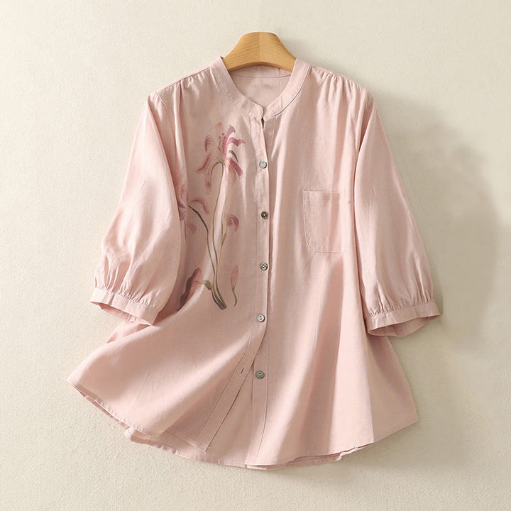Camisa de Buddha Stones y algodón para mujer con estampado diario de lirios y media manga abullonada - Rosa claro - US12, UK/AU16, EU44 (2XL) - image 1