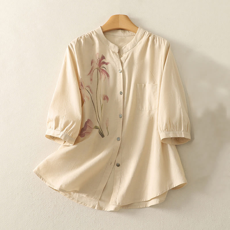 Camisa de Buddha Stones y algodón para mujer con estampado diario de lirios y media manga abullonada - Mocasín - US12, UK/AU16, EU44 (2XL) - image 12