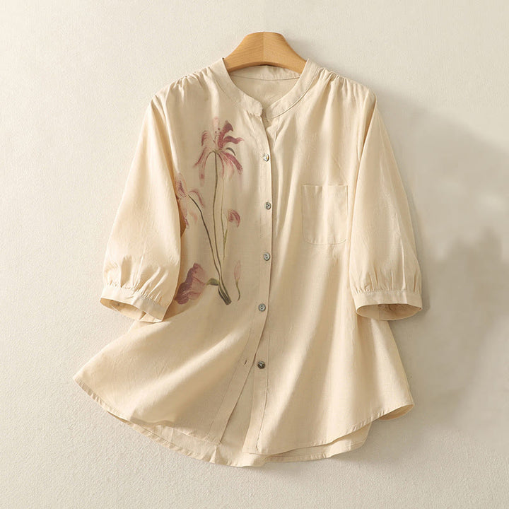 Camisa de Buddha Stones y algodón para mujer con estampado diario de lirios y media manga abullonada - Mocasín - US12, UK/AU16, EU44 (2XL) - image 12
