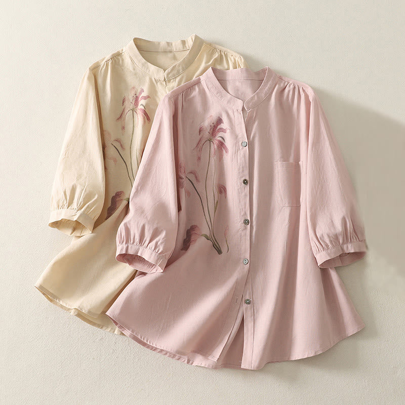 Camisa de Buddha Stones y algodón para mujer con estampado diario de lirios y media manga abullonada - image 18