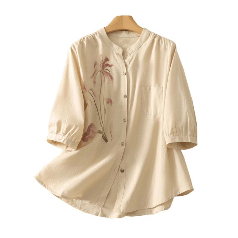 Camisa de Buddha Stones y algodón para mujer con estampado diario de lirios y media manga abullonada - image 17