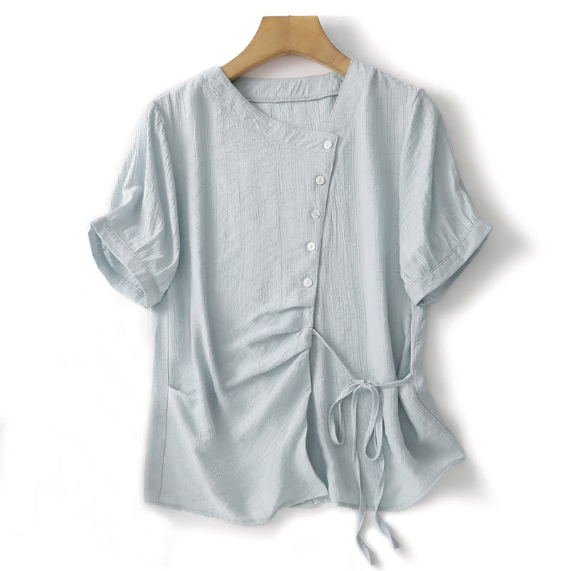 Camisa de algodón para mujer de manga corta abullonada, asimétrica, con cordones y diseño liso Buddha Stones - Azul polvoriento - US8-10，UK/AU12-14，EU40-42 (2XL) - image 1