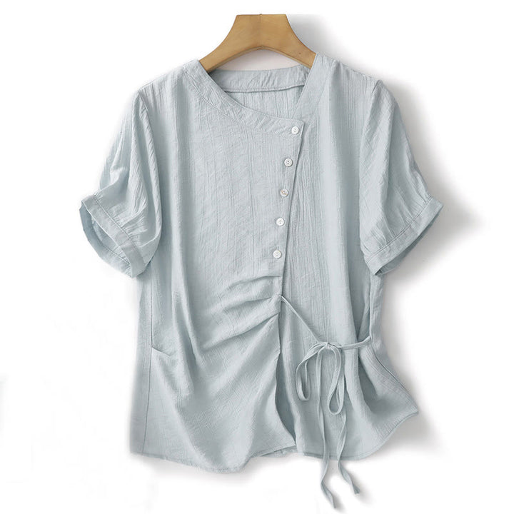 Camisa de algodón para mujer de manga corta abullonada, asimétrica, con cordones y diseño liso Buddha Stones - Azul polvoriento - US8-10，UK/AU12-14，EU40-42 (2XL) - image 1