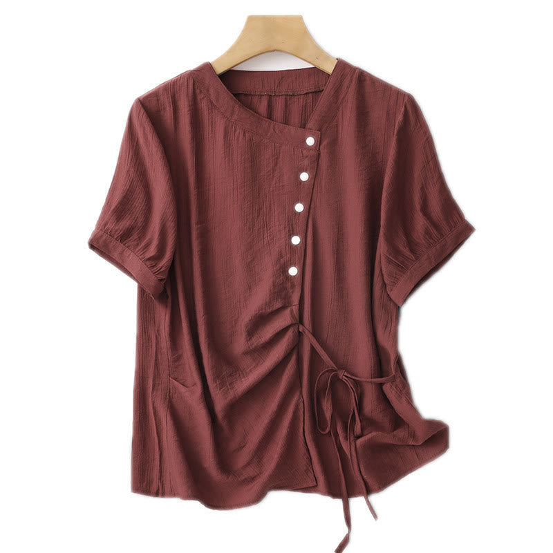 Camisa de algodón para mujer de manga corta abullonada, asimétrica, con cordones y diseño liso Buddha Stones - image 24