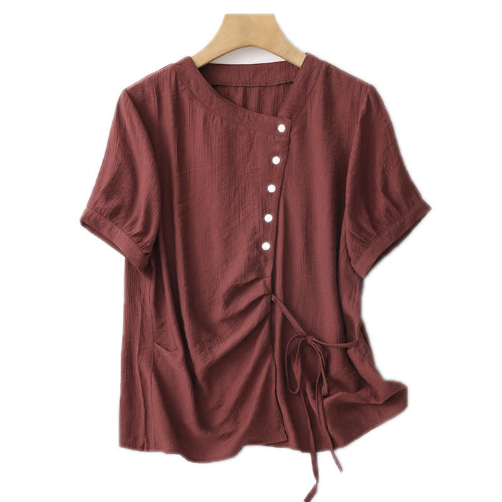 Camisa de algodón para mujer de manga corta abullonada, asimétrica, con cordones y diseño liso Buddha Stones - image 24