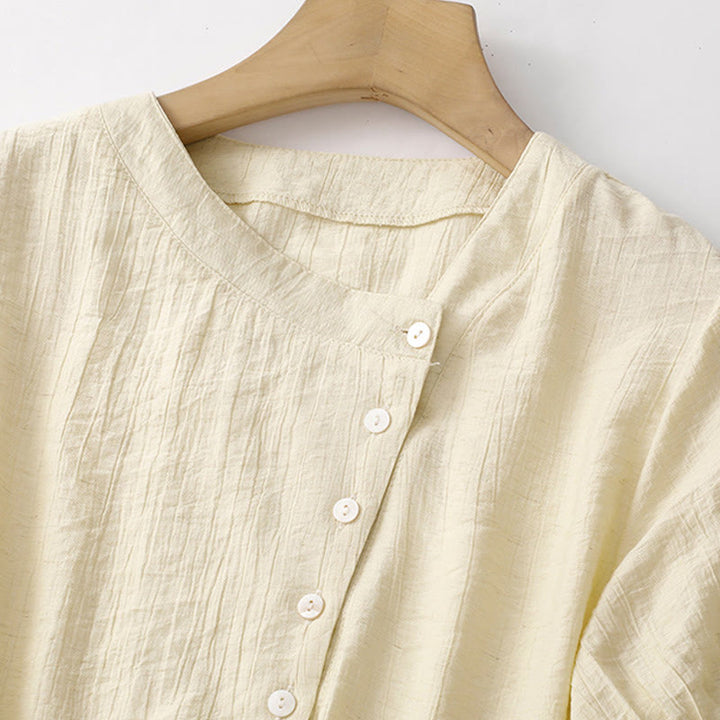 Camisa de algodón para mujer de manga corta abullonada, asimétrica, con cordones y diseño liso Buddha Stones - image 10