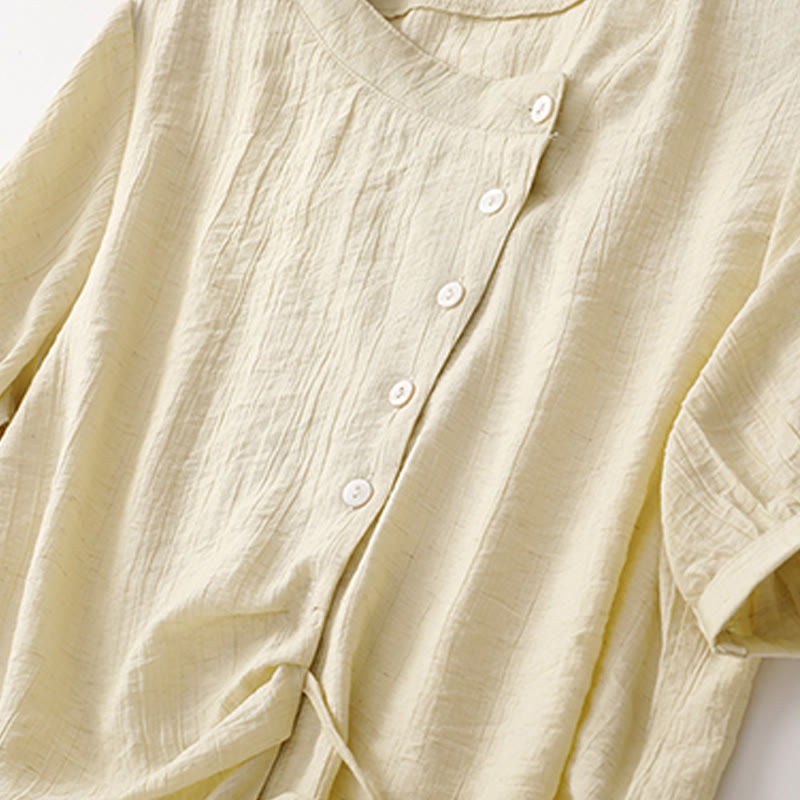 Camisa de algodón para mujer de manga corta abullonada, asimétrica, con cordones y diseño liso Buddha Stones - image 11