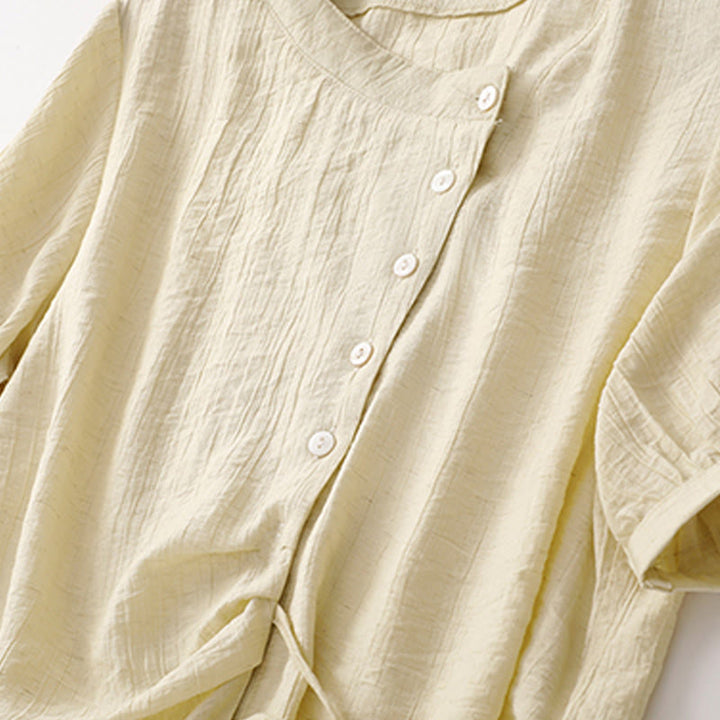 Camisa de algodón para mujer de manga corta abullonada, asimétrica, con cordones y diseño liso Buddha Stones - image 11