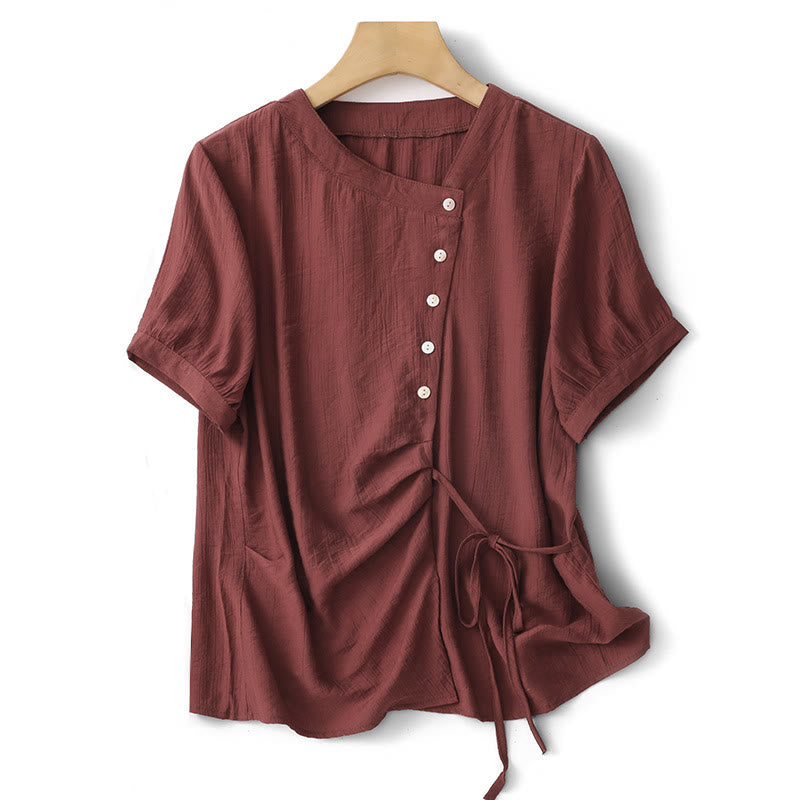 Camisa de algodón para mujer de manga corta abullonada, asimétrica, con cordones y diseño liso Buddha Stones - Ladrillo refractario - US8-10，UK/AU12-14，EU40-42 (2XL) - image 18